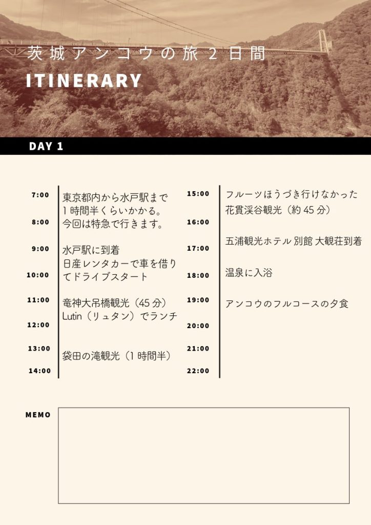 茨城旅行のアイテナリー1日目