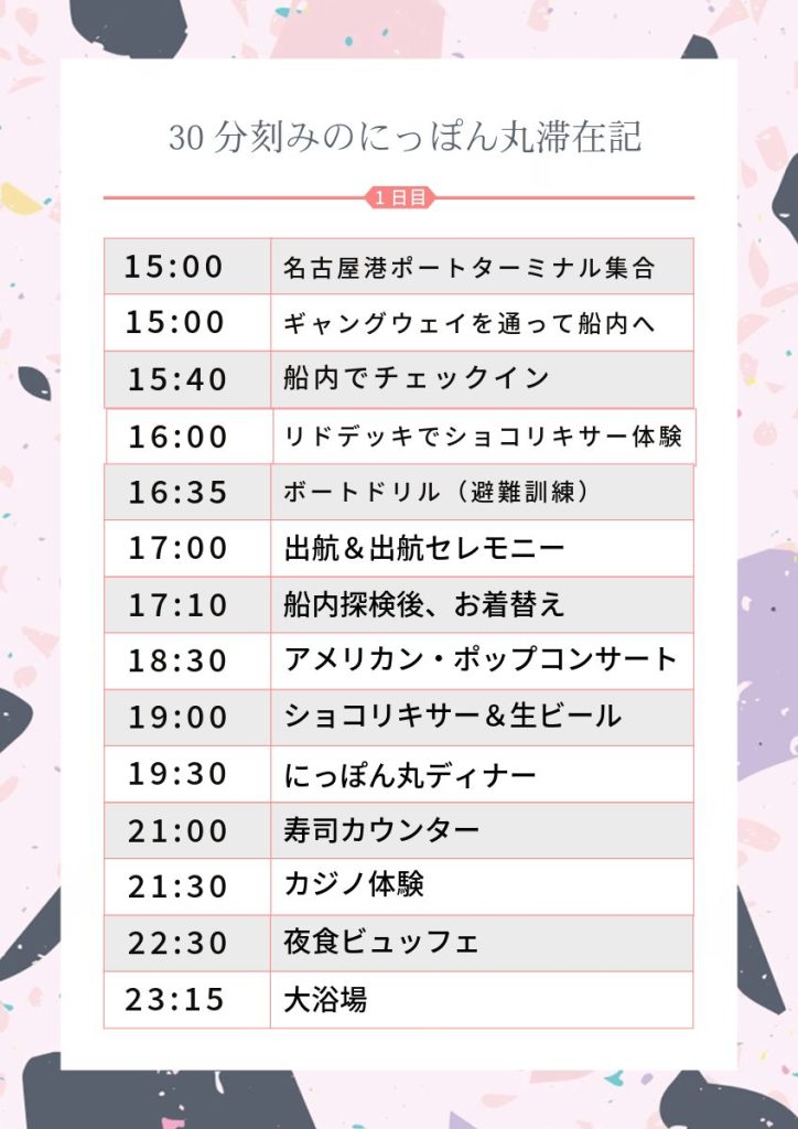 乗船から寝るまでのスケジュール